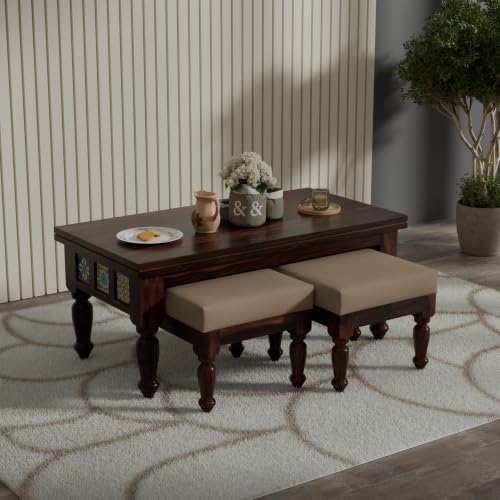 Image of Solid Sheesham Wood Center Coffee Table with 2 Cushioned Stools | Wooden Coffee Table | Space Saving Nesting Design for Living Room, Drawing Room, Hall, Bedroom, Office | Walnut Finish