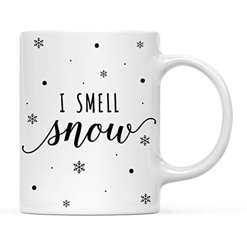 Andaz Press Funny Holiday Winter Christmas 11oz Coffee Mug Gift I Smell Snow Snowflake 1 Pack Novelty Birthday Christmas Hot Chocolate Cup