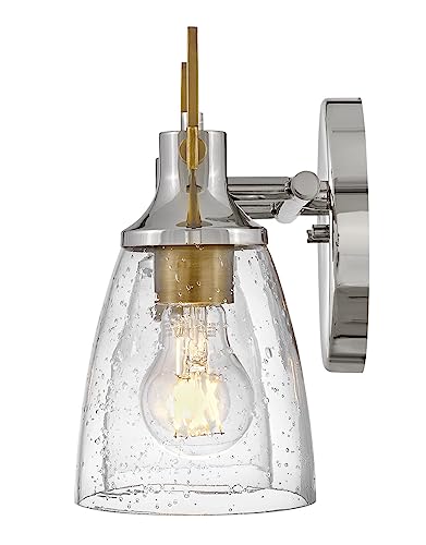 Image of Hinkley Easton Two Light Bath Vanity Fixture, Modern Industrial, Clear Seedy Glass Shade, Mounts Up or Down, Polished Nickel and Heritage Brass