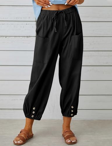 Cotton Linen Dressy Capri Pants for Women Elastic High Waisted Lightweight Casual Comfy Baggy Lounge Pants2