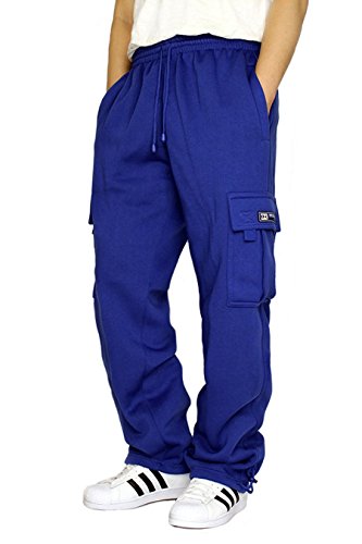 DREAM USA Men's Heavyweight Fleece Cargo Sweatpants, Royal Blue, X-Large