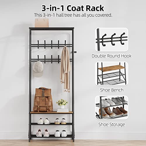 Coat Rack Shoe Bench with 10 Hooks, Hall Trees Entryway Bench with Storage, Multifunctional Hallway Organizer, Wood Look Accent Furniture with Metal Frame - Thumbnail 3