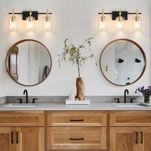 Image of Bathroom Vanity Lights, Black Gold 3 Lights, E26 Socket with Clear Glass Shade, Modern & Vintage Style Vanity Light for Bathroom, Powder Room, Dressing Room