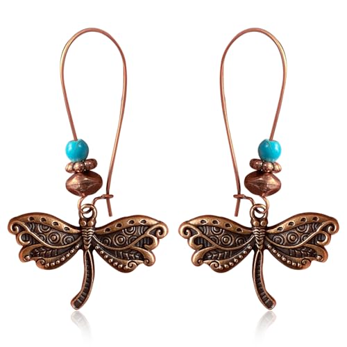 unixmoment Bohemian Vintage Copper Dragonfly Turquoise Dangle Drop Earrings Handmade Retro Animal Bead Leverback Earrings for Women (Brown)