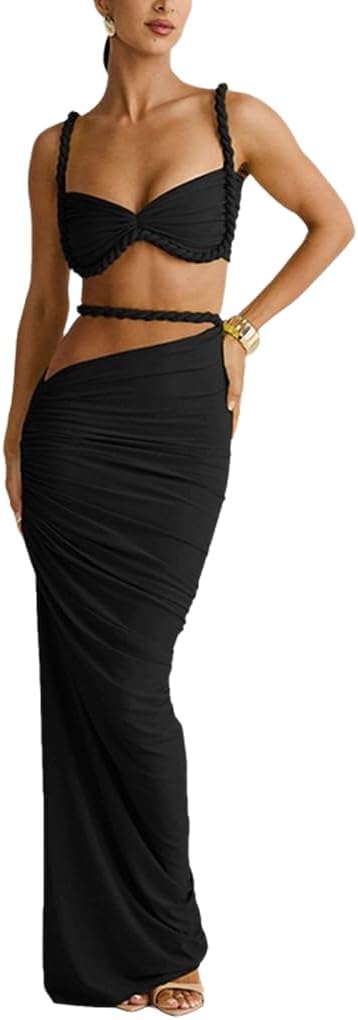 Wuitrie Sexy Two Piece Skirt Set for Women Summer Sexy Camisole and Slim Hip Long Skirt Solid Colour Maxi Skirts Sets