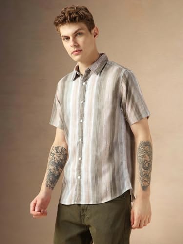 Image of Dennis Lingo Men's Brown Cotton Spread Collar Short Sleeves Printed Shirts
