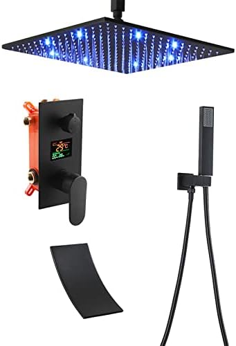 ESOP Duschsystem Mit Thermostat & LED-Musik – Schwarz, Regendusche 58x38 Cm, 6 Massagedüsen, Bluetooth, RGB-Licht