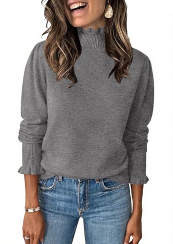 Image of Womens Ruffle Mock Neck Sweater Puff Long Sleeve Fall Trendy Pullover Tops | Fall Winter Clothes, Soft, Business Casual Outfits, Trendy Fashion, Knitted Shirts