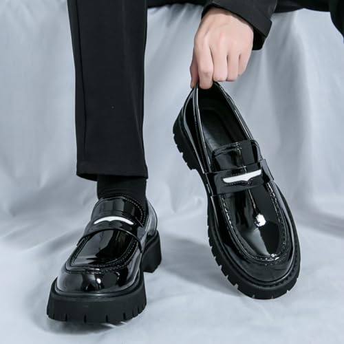 Mens Fashion Patent Leather Platform Slip-On Dress Penny Loafers Round Toe Chunky Heels Non-Slip Casual Shoes for Formal Business Wedding Prom3