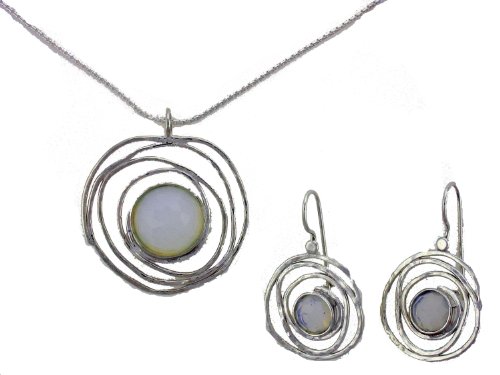 Bili Silver 925 Sterling Silver Necklace+Earring SET Made and Designed in Israel by Necklace has Round Faceted Synthetic Oplite Stone Silver Chain Earrings have Round Faceted Synthetic Opalite Stone