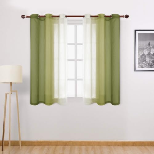 DWCN Ombre Short Sheer Curtains - Faux Linen Semi Voile Gradient Light-Filtering Bedroom and Living Room Curtains, Set of 2 Grommet Top Window Drape Panels, 42 x 45 Inch Length, Olive Green