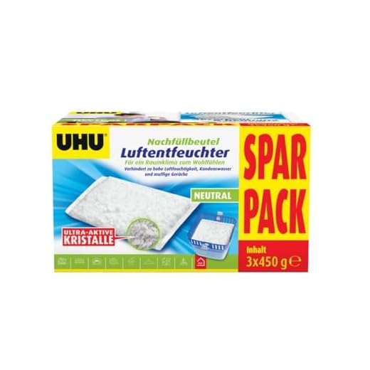 UHU Luftentfeuchter Nachfüllbeutel, Verhindert Feuchtigkeit und muffige Gerüche, 3 x 450 g Sparpack