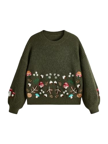 SHENHE Women's Oversized Embroidered Mushroom Sweater Crewneck Chunky Knit Sweater Pullover