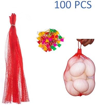 Jennifer Ling 100pcs Mesh Produce Bags,Reusable Nylon Mesh net Produce Grocery Toys Fruits Vegetables Drawstring Storage Poly Bags (Red)