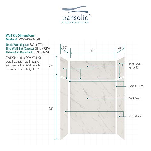 Transolid EWKX603696-41 Expressions 6-Panel Shower Wall Kit with Extension, 36-in L x 60-in W x 96-in H, Bianca