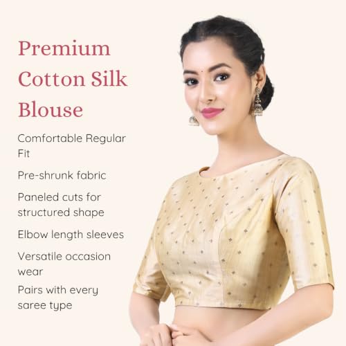 Image of Studio Shringaar Women Cotton Silk Silky Brocade Readymade Elbow Length Sleeves Saree Blouse Choli