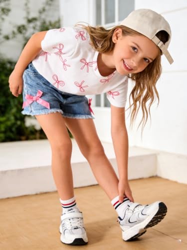 Image of Azmxynol Kid Girls Clothes Outfits Bowknot T-Shirt + 2 In 1 Denim Short Skort Summer Clothing Set, Size 4-10 Years
