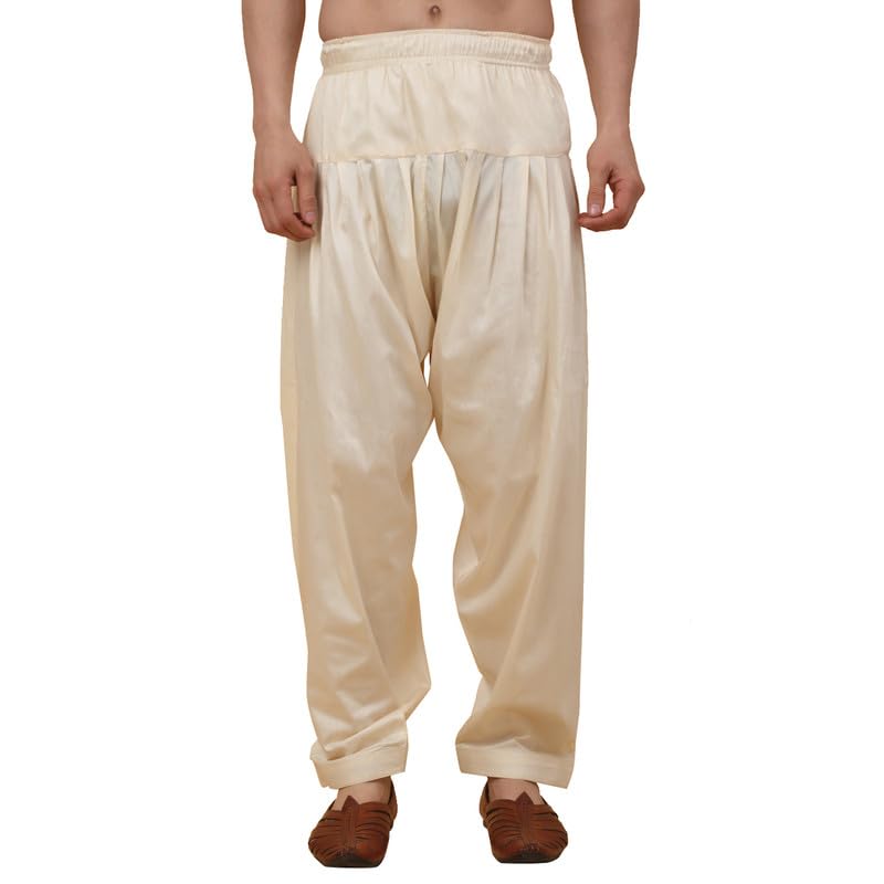 Men's Silk Blend Beige Elastic Waistband Patiala Salwar For Kurta