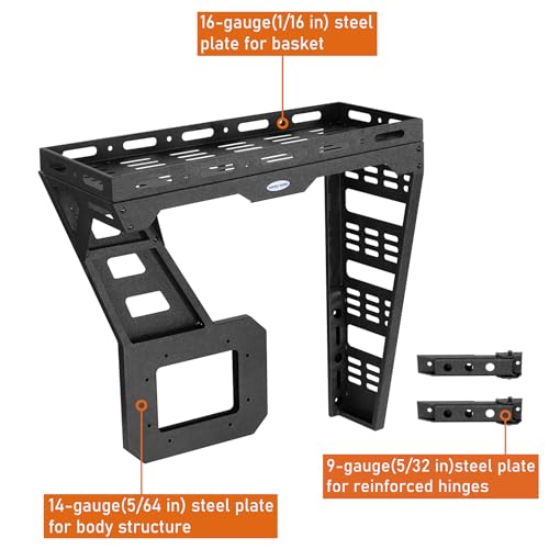 Image of Hooke Road JK Spare Tire Cargo Basket Rack for 2007-2018 Jeep Wrangler JK & Unlimited 2 /4 Doors, Rear Steel Storage Tray Luggage Carrier with Reinforced Tailgate Hinge Kit