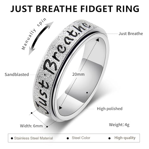 Fidget Spinner Ring for Women - Just Breathe Inspirational & Heart Purity Rings, Stainless Steel Anxiety Ring Jewelry for Adults, Thumb Roating Hope Rings for Stress Relief Gift for Her (Silver, 6) by LuckyAmor - Image 7