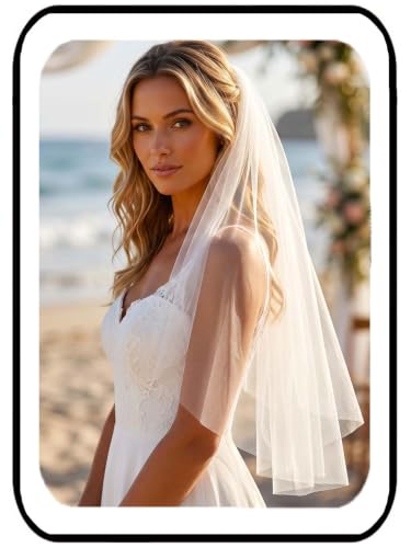 HEREAD 1 Tier Bride Wedding Veil Short Waist Length White Bridal Tulle Veils with Comb for Women (White)