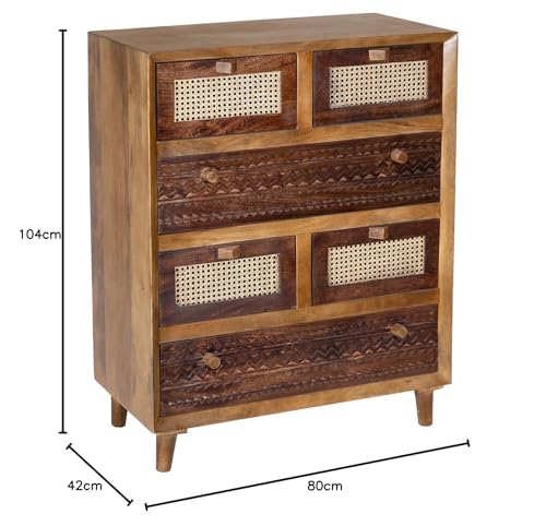 Image of Solid Wood Luffy Chest of Drawers | Chest of Drawers for Storage | 6 Drawer Dresser | Natural Cane | Finish- Light Brown and Tubaq