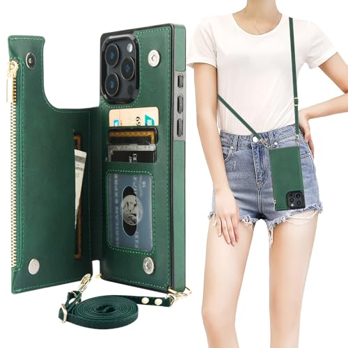 Bocasal Crossbody Wallet Case for iPhone 16 Pro Max with RFID Blocking Card Slot Holder Magnetic Flip Folio Purse Case PU Leather Zipper Handbag with Detachable Lanyard Strap 6.9 Inch 5G (Green)