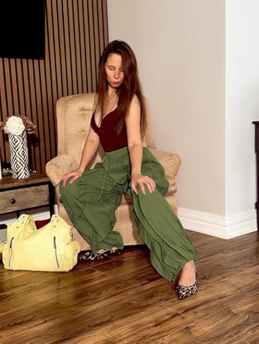knowfashionstyle Cargo Pants for Women Baggy Loose Fit Y2K Casual Pant Drawstring Wide Leg Streetwear Sweatpants Army Green 2XL — view 5