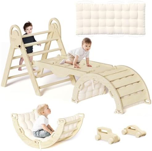 Pikler Triangle Set with Cushion, Montessori Climbing Set, Indoor Climb Toys, Indoor Playground Jungle Gyms, 9 Combinations Climbing Toy Set for Toddler, Baby, Kids 1-4
