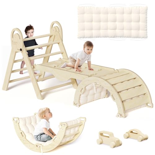 Image of ElegantCrafts Pikler Triangle Set with Cushion, Montessori Climbing Set, Indoor Climb Toys, Indoor Playground Jungle Gyms, 9 Combinations Climbing Toy Set for Toddler, Baby, Kids 1-4