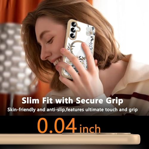 Image of VONZEE Compatible with Samsung S24 FE 5G Case Luxury Retro Flowers Floral Clear for Magnetic Wireless Charging Case Shockproof Case PC+TPU Cute Glossy Shiny Cover for Girls Women|Desert Titanium