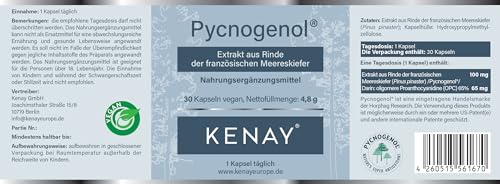 Pycnogenol-Extrakt aus Rinde der französischen Meereskiefer -pinus pinaster-100mg pro Tagesdosis-pflanzliche Kapsel-vegan-Ohne Magnesiumstearat-30 Kapseln vegan KENAY EUROPE