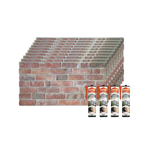 IZODEKOR Paneles de pared 3D de poliestireno expandido, revestimiento de pared con sellado adhesivo, rojo ladrillo (Steinbrücke) (10 paneles y 4 selladores adhesivos incluidos)