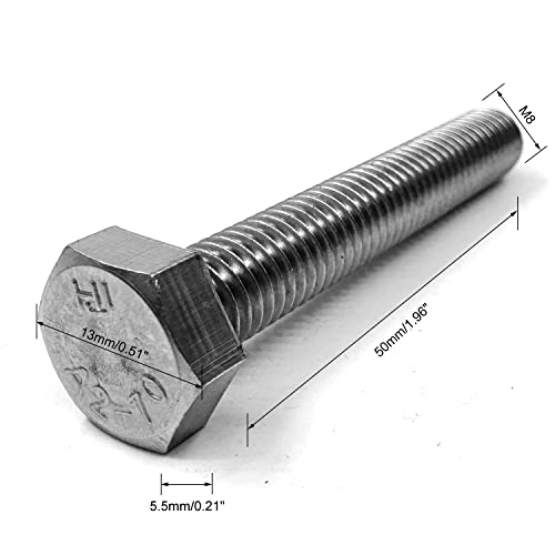 Image of M8 Hex Bolt, M8-1.25 x 50mm Hex Head Screw Bolts, 304 Stainless Steel, Fully Threaded, Plain Finish, Hex Tap Bolts 10Pcs (M8x50mm)
