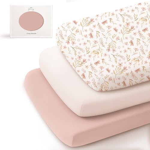 Image of Konssy 3 Pack Stretchy Bassinet Sheets for Baby Girl Boy, Soft Breathable Baby Bassinet Mattress Sheets Fit for Hourglass Oval Cradle, Moses Basket Rectangle Mattress (Pink Spring)