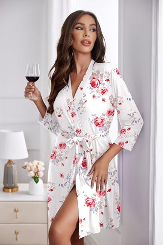 Image of Ekouaer Women's Robes Lightweight 3 /4 Sleeve Short Knit Bathrobe Soft Knee Length Sleepwear Robes with Pockets S-XXL