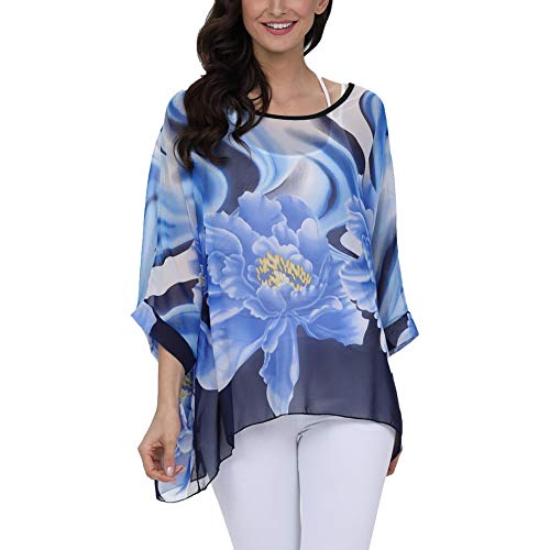 Image of Ckikiou Plus Size Batwing Flowy Semi Sheer Chiffon Blouse Tunic for Women Summer Floral Print Boho Beach Cover ups