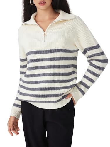 CIDER Women's Striped Quarter Zip Pullover Sweater Mock Neck Knit Fall Fashion Casual Sweater2