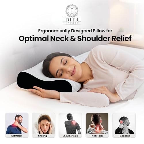 Image of Neck and Shoulder Support Pillow, Memory Foam Cervical Cushion for Sleeping, Ergonomic Contour Design for Side Back Sleepers, Breathable Cover, Black, 48 x 30 cm, Home Use