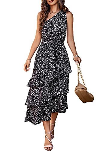 PRETTYGARDEN Women's Summer Floral Sundress Casual One Shoulder Tiered  Ruffle Flowy Midi Beach Boho Dresses (Floral Black,Small) at Amazon Women's  Clothing store