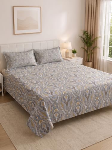 Image of Mafatlal 130 GSM Pearl Double Bedding Set with 2 Coordinated Pillow Covers | 90 x 100 Inch | Soft Brushed Microfiber | Wrinkle Resistant, Breathable, All Season Sleeping Comfort | Grey-Gold