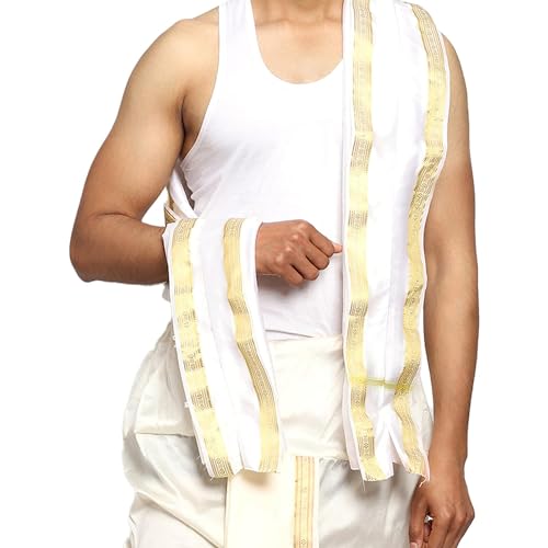 Image of Rameshwaram Fabrics Readymade Dhoti for Men, Velcro Style Stitched Mens Silk Dhoti Pant with Stole Set