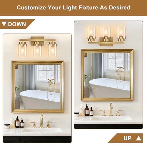 Image of IZORRO Bathroom Light Fixtures, Modern Vanity Lights, Bathroom Lighting Fixtures Over Mirror with Clear Glass Shade, Wall Sconce for Living Room Cabinet Bedroom (Brushed Gold, 3-Light)