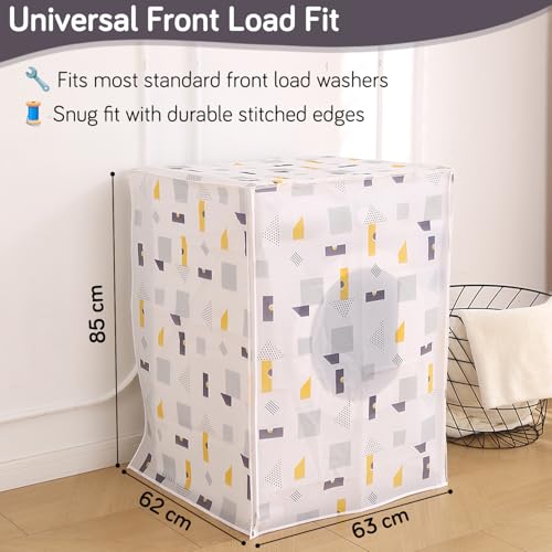 Image of HOKIPO Waterproof Front Load Washing Machine Cover | PEVA Dustproof Protective Cover for 6kg, 6.5kg, 7kg & 7.5kg Fully Automatic Machines | Size 63x62x85 cm, Geometric Abstract (AR-5878-D1)