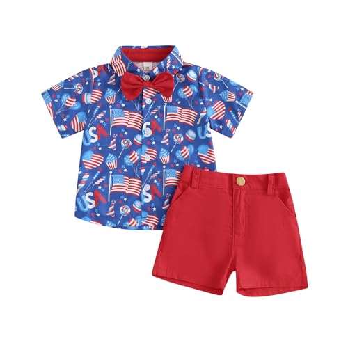 KtwHarnu Toddler Baby Boy 4th Of July Outfit US Flag Print Short Sleeve Button Down Shirt and Shorts Set Patriotic Clothes (Red, 3-4T)