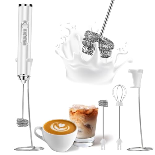 SOUTHMAN Mousseur à lait avec support en acier inoxydable, fouet électrique rechargeable, mélangeur de boisson pour latte, cappuccino (blanc)