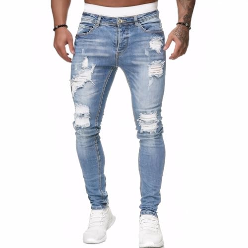 Men's Slim Fit Jeans Stretch Destroyed Ripped Skinny Jeans Denim Pants