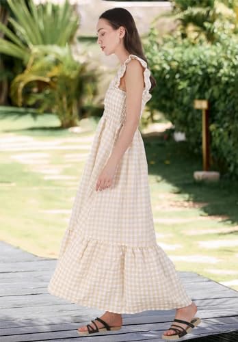 ebossy Women's 2025 Fashion Plaid Dress Sleeveless Smocked Ruffle Pleated Boho Party Beach Gingham Maxi Dresses4