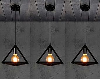 Jackal Vintage Triangle Shape Pendant Light - Pack of 3| Hanging Ceiling Light with Braided Cord | Decorative Fancy Lights for Home, Living Room, cafe, Restaurants & Bar (Black)