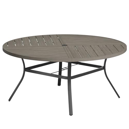 Image of VICLLAX Round Patio Table with Adjustable Umbrella Hole for 8, All Weather Metal Outdoor Dining Table for Lawn Garden, 59.8 inch Outdoor Coffee Table, Grey Wood-Like Tabletop